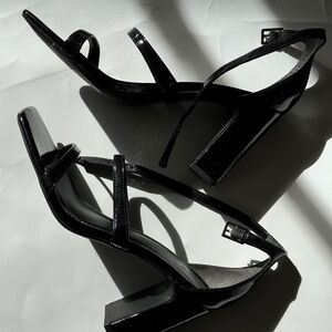 Black patent leather strap block heels